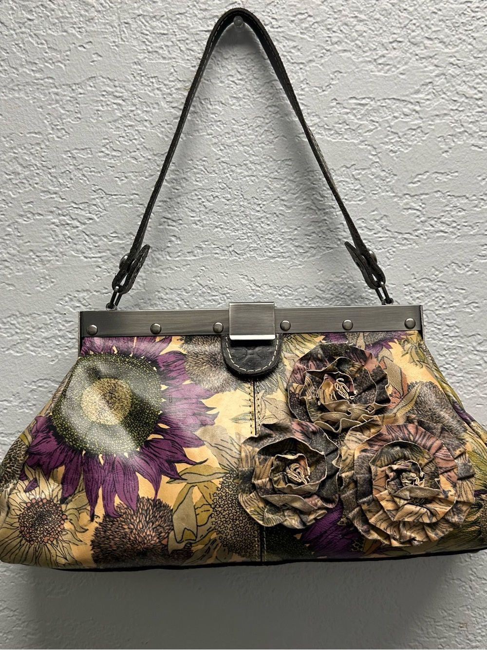 Patricia Nash Purple & Tan Floral Appliqué Shoulder Bag